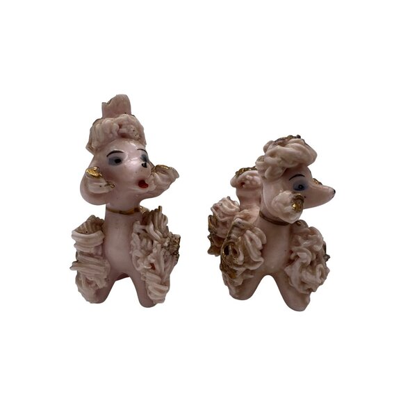 Vintage Pink Spaghetti Poodle Figurine Pair Gold Trim Mid-Century Japan - Picture 4 of 6